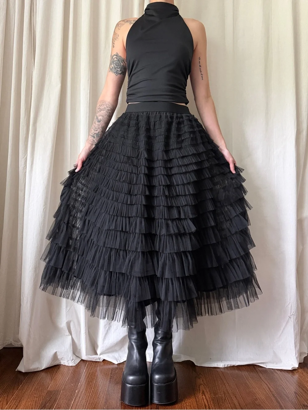 Black Tiered Ruffle Maxi Skirt Size Women's Size Large | Goth Avant Garde